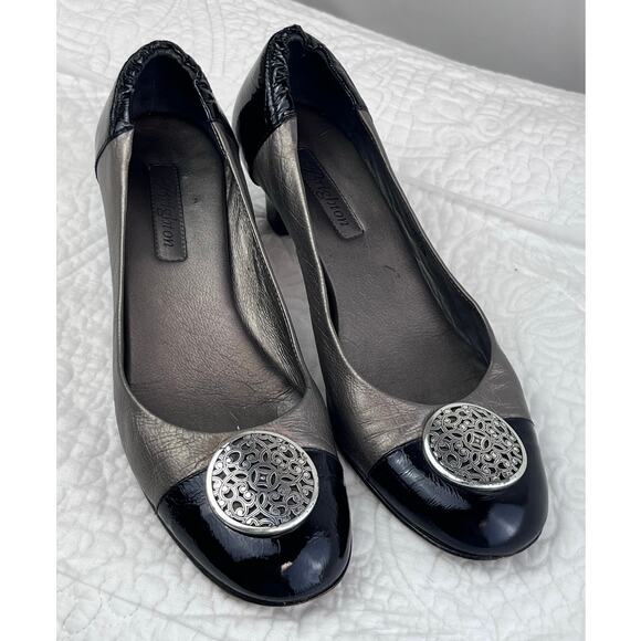 Brighton Women's Size 8 Silver/Black Marci Slip On Leather Dress Heels - Picture 1 of 12